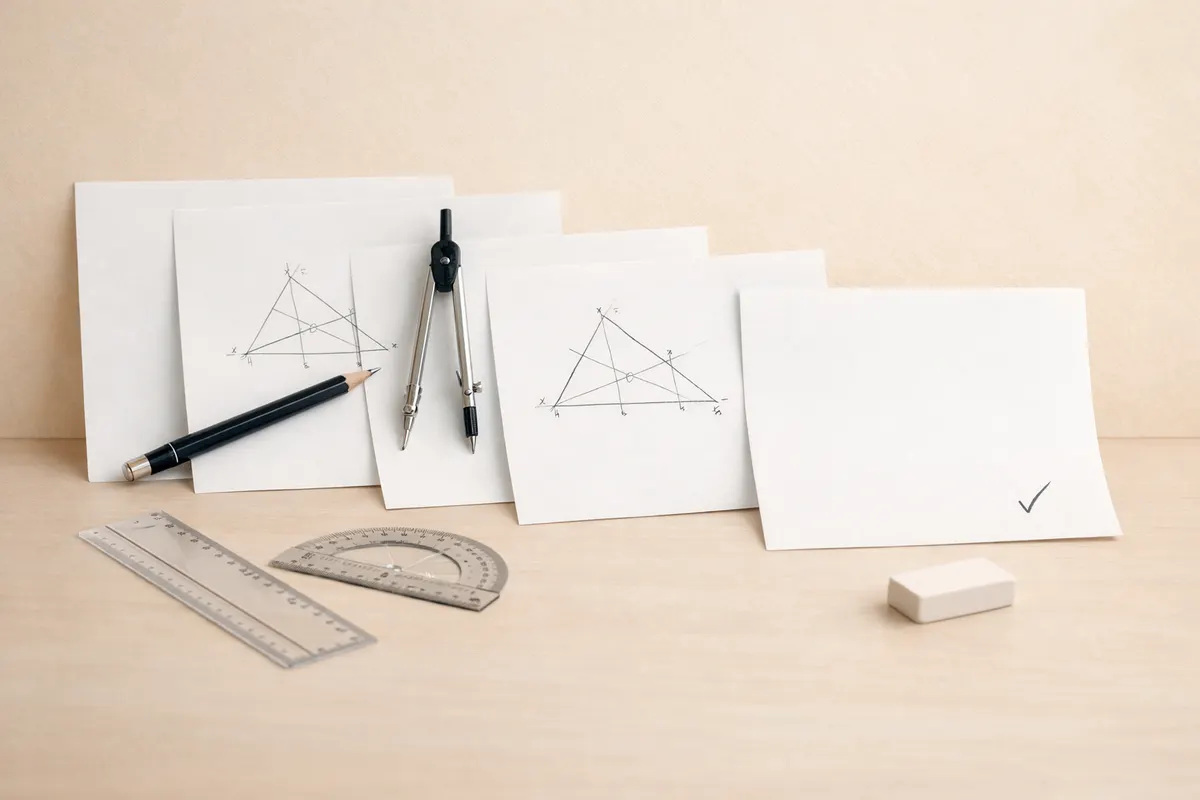 AI-generated still life of geometry sketches, a compass, ruler and protractor.
